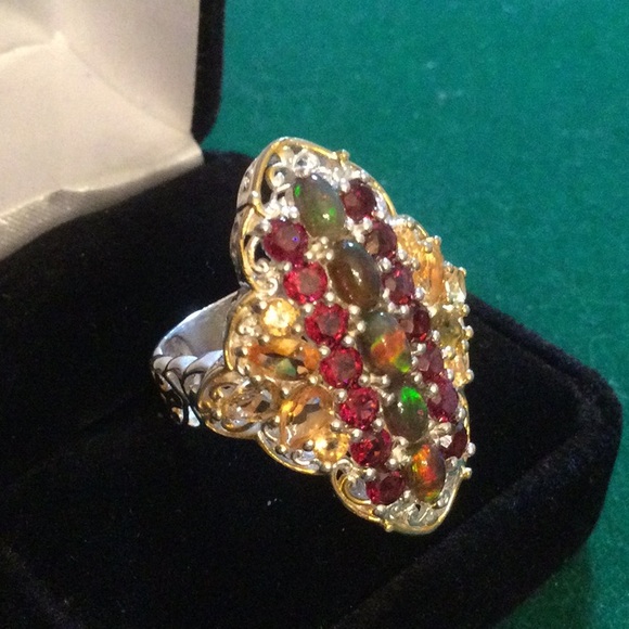 Breathtaking Genuine Fiery Opals, Citrine & Garnet Ring - Picture 16 of 16